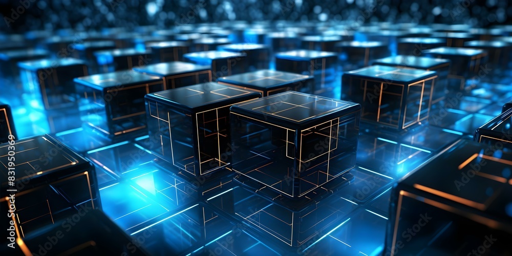 Exploring the Concept of Digital Image Blockchain with Many Cubes in a Dark Room. Concept Digital Image Blockchain, Cubes, Dark Room, Technology, Exploration Exploring the Concept of Digital Image Blockchain with Many Cubes in a Dark Room. Concept Digital Image Blockchain, Cubes, Dark Room, Technology, Exploration