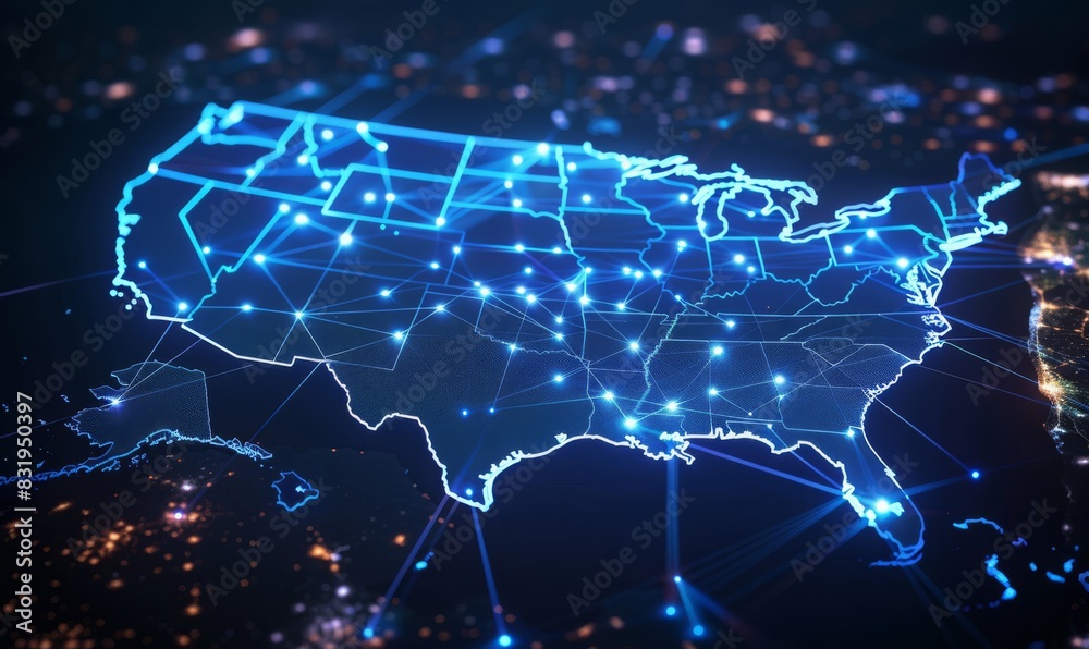 Futuristic technology USA map with glowing lights, global communication and connection concept. Futuristic technology USA map with glowing lights, global communication and connection concept.