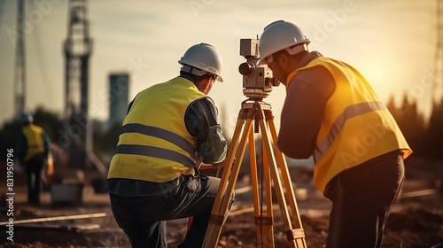 Engineer working with theodolite transit equipment at outdoors construction site 
