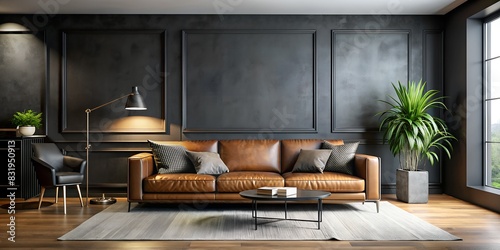 Wall mock-up in modern interior of luxury living room with black walls, stylish leather furniture, industrial minimalism