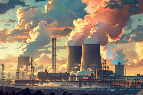 Generative ai on theme of nuclear power plant made of huge smokestacks polluting the environment photo