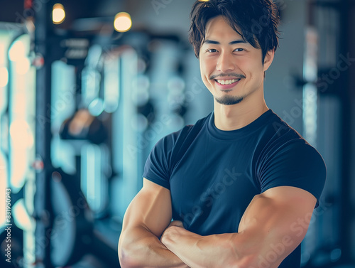 arafed man in a black shirt standing in a gym photo