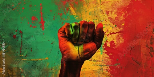 Black History Month background. Black power hand fist over red yellow green black colors background
 photo