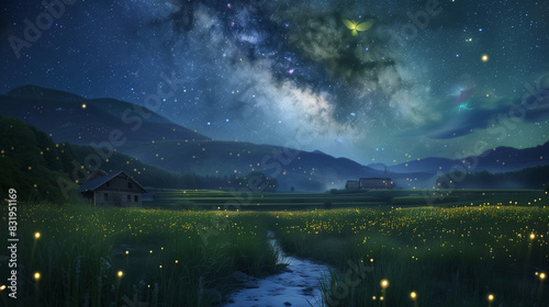 starry night sky with a stream of fireflies in a field
