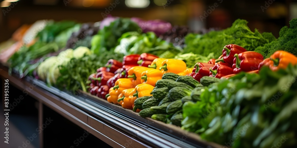 Assortment of fresh fruits and vegetables displayed at market counter. Concept Fresh Produce, Market Display, Fruits, Vegetables, Farm Fresh