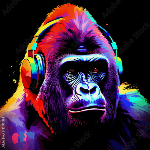 brightly colored gorilla with headphones on