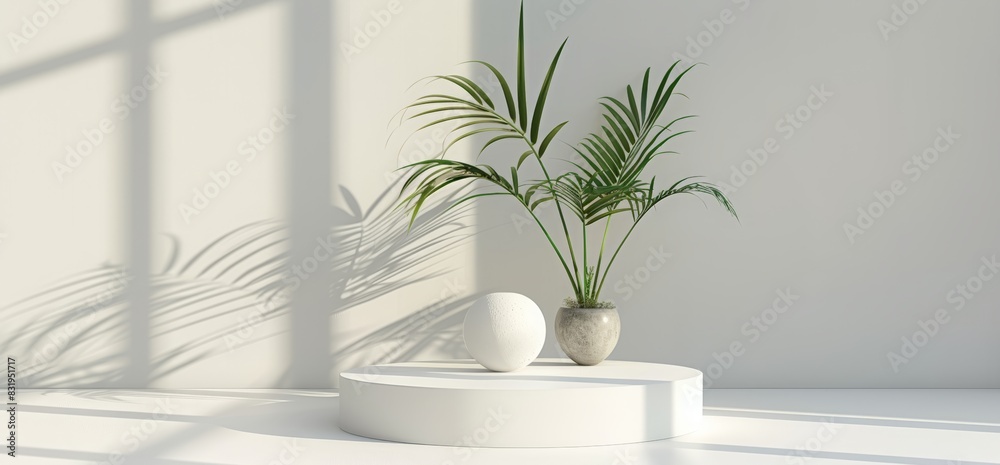3d white cylinder podium with palm leaves on light background for product presentation, mockup design template 3d white cylinder podium with palm leaves on light background for product presentation, mockup design template