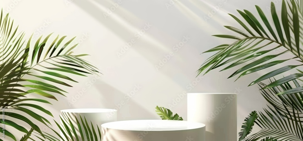 3d white cylinder podium with palm leaves on light background for product presentation, mockup design template 3d white cylinder podium with palm leaves on light background for product presentation, mockup design template