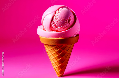 delicious pink strawberry or raspberry ice cream on a bright background