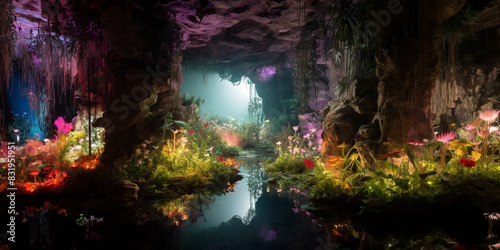 there is a small stream running through a cave with flowers