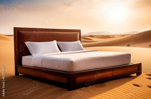 a large double empty bed stands in the middle of a hot desert in the sand