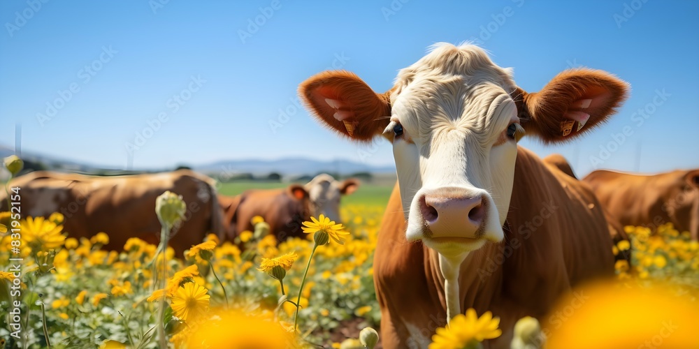 Cow grazing in a field of flowers under a blue sky. Concept Nature, Landscape, Animals, Agriculture, Environment