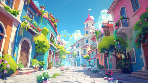 cartoon city street with colorful buildings and flowers on the side
