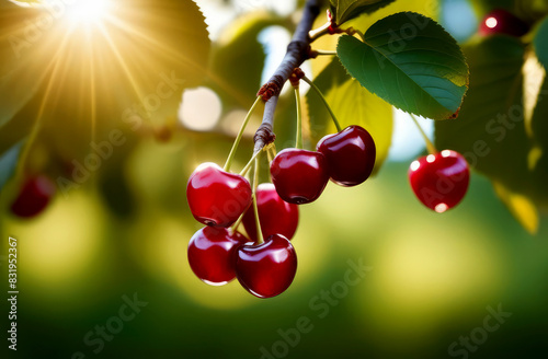 ripe red cherries,cherries on a branch