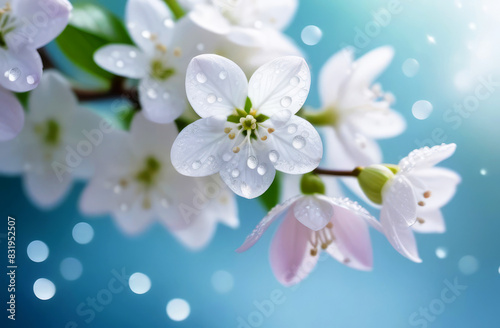very delicate flowering branch with white flowers with drops of water on a blurry light background