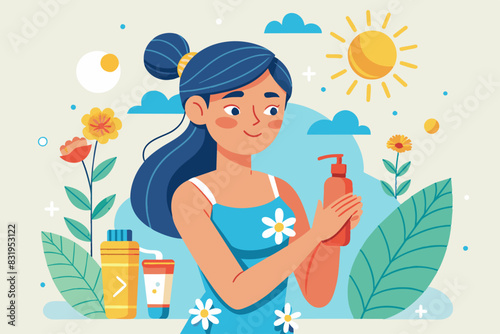 A woman is smiling while applying sunscreen to her face in a cartoon style