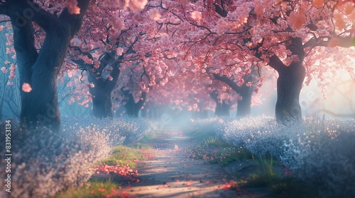 Blossoming Sakura Dreamscape: Within cinematic 3D confines, a dreamscape of Sakura blossoms offers a serene escape. photo