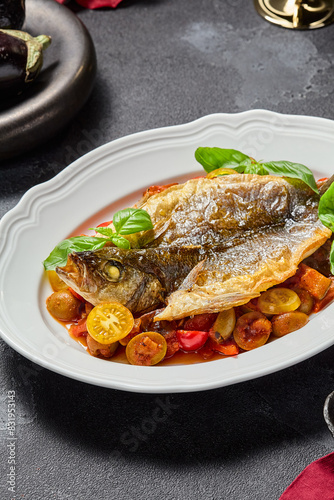 Roasted sea bass with cherry tomatoes and basil leaves in an elegant style