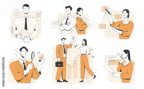 Set of business activity scenes. Male and female office employees come up with ideas, communicate with colleagues and solve problems. Flat vector illustrations isolated on white background