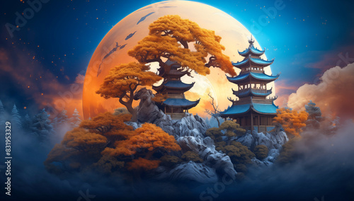 Illustration of Ying yang of balance Yggdrasil tree of life Norse mythology. Balance concept. Generative Ai.