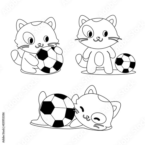 Funny cartoon cat playing with a ball outline coloring book