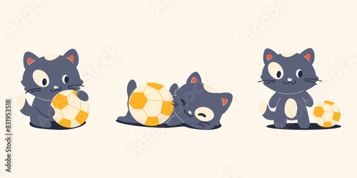 Funny cartoon cat playing with a ball