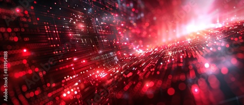 Abstract digital visualization of a red  futuristic  data-driven landscape with glowing particles and dynamic patterns.