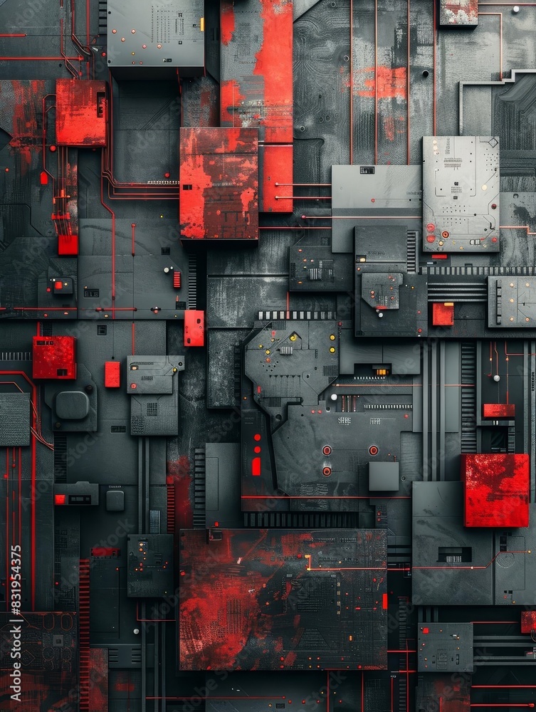 newsletter for a modern industrial microchip high tech circuit board factory, business photo, cinematic, red gray and black accents newsletter for a modern industrial microchip high tech circuit board factory, business photo, cinematic, red gray and black accents