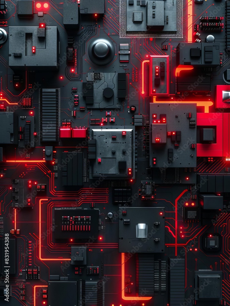 Fototapeta premium newsletter for a modern industrial microchip high tech circuit board factory, business photo, cinematic, red gray and black accents
