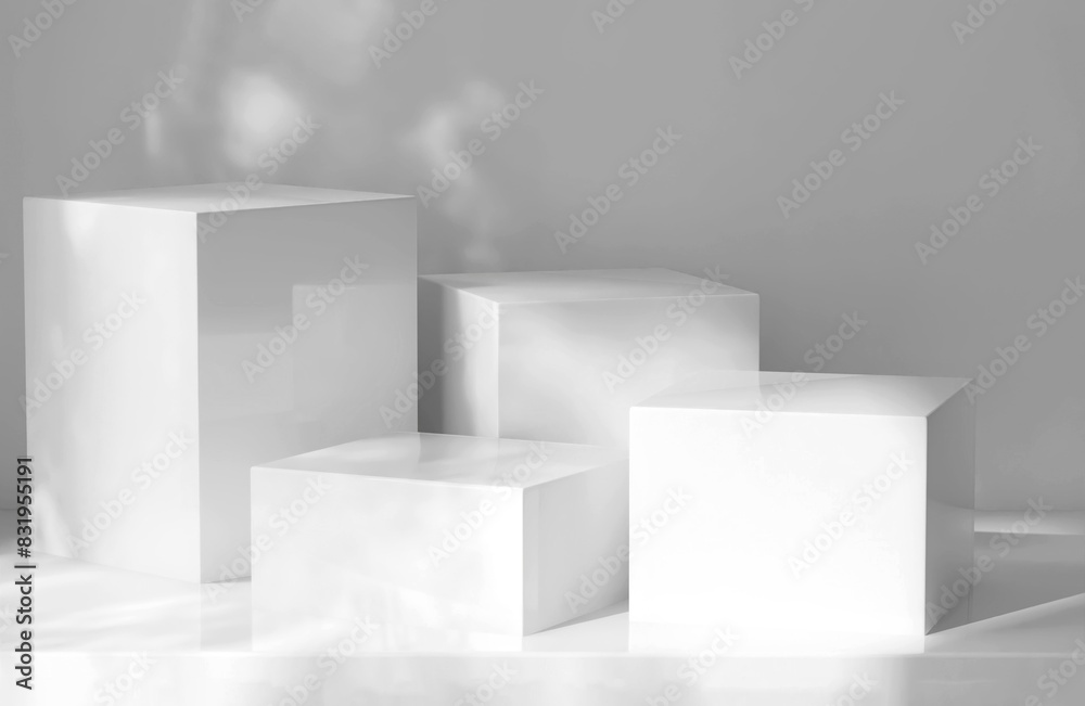 Four modern white geometric cuboid podium in dappled sunlight, leaf foliage shadow for organic luxury beauty, skincare, cosmetic, body care product display background 3D Four modern white geometric cuboid podium in dappled sunlight, leaf foliage shadow for organic luxury beauty, skincare, cosmetic, body care product display background 3D