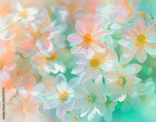 A cheerful, spring-themed background with blooming flowers and pastel colors.
