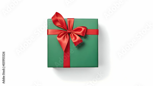 Green gift box with red ribbon isolated on white background