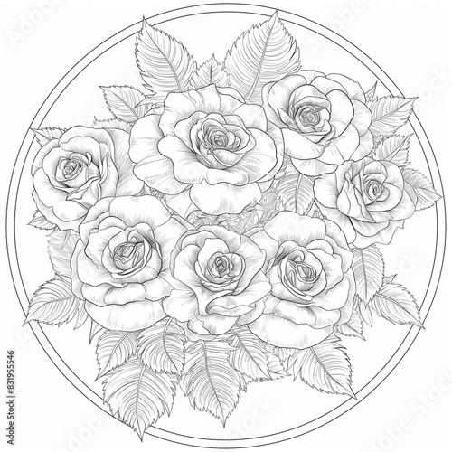 a drawing of a bouquet of roses with leaves on a white background