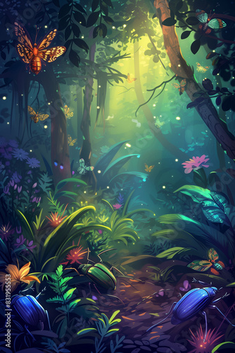 illustration of a forest with butterflies and flowers