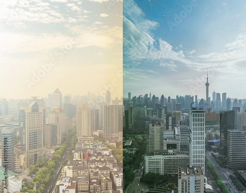 A city skyline with heavy pollution  and a skyline with green spaces and clear air.
