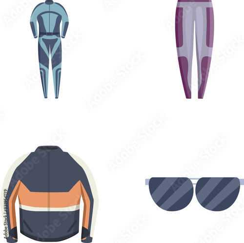 Moto accessory icons set cartoon vector. Moto riding suit and protective gear. Motor sport