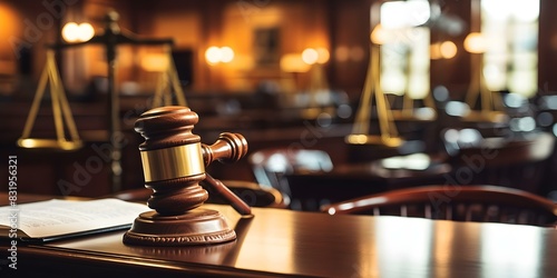 Closeup of gavel on judges desk in courtroom symbolizing law and justice. Concept Law and Justice, Courtroom Setting, Gavel Symbolism, Legal System, Judicial Process