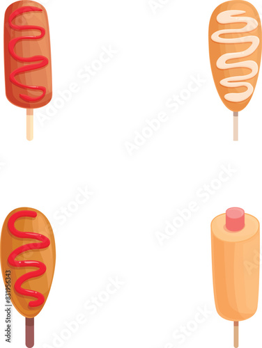 Corn dog icons set cartoon vector. Sausage in dough on stick. Korean street food
