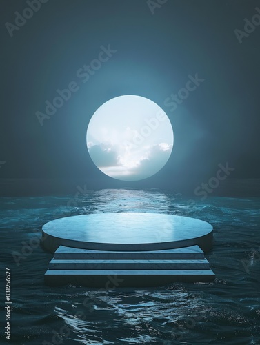 Minimalist Seaside Stage: Blue Circular Platform Amidst Water