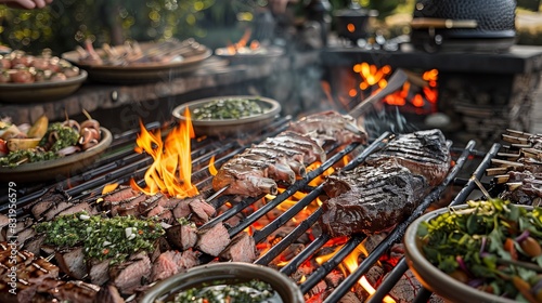 An Argentine barbecue sizzles with various meats and chimichurri, set in rustic decor and a festive vibe. photo