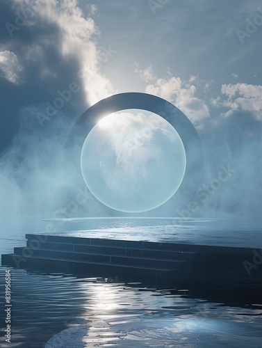 Minimalist Seaside Stage: Blue Circular Platform Amidst Water