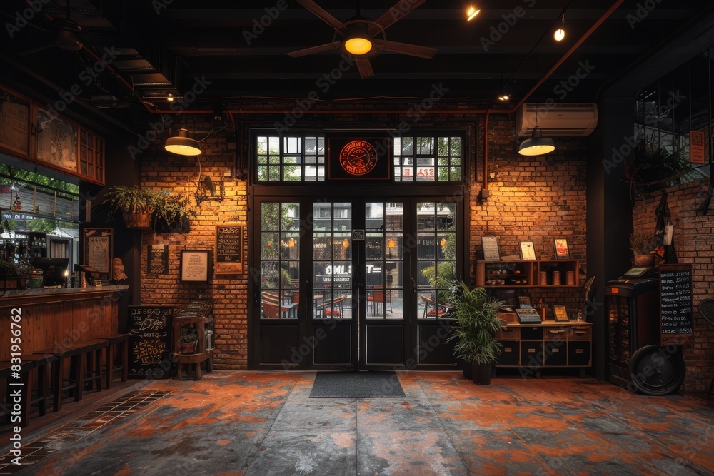 Rustic pub interior with wooden tables, warm lighting, and vintage decor, creating a cozy and inviting atmosphere for socializing Rustic pub interior with wooden tables, warm lighting, and vintage decor, creating a cozy and inviting atmosphere for socializing