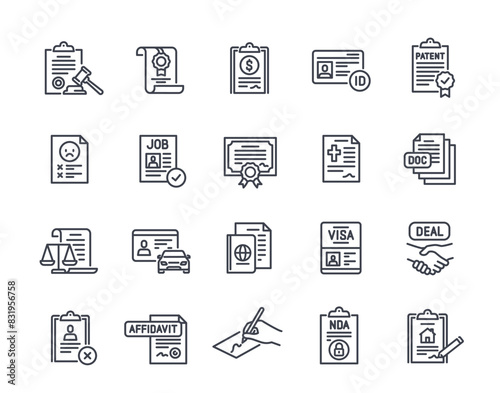 Set of Legal document line icons. Simple symbols with passport, resume, driver license, visa, contract and certificate. Editable stroke. Outline flat vector collection isolated on white background
