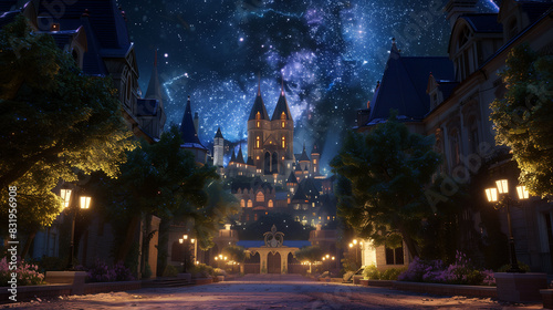 nighttime scene of a castle with a pathway leading to it