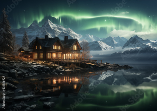 mountains and a house with a green aurora light in the sky