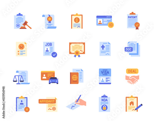 Set of Legal document colorful icons. Bright sign with contract, ID card, patent, passport and license. Design elements for app and website. Cartoon flat vector collection isolated on white background