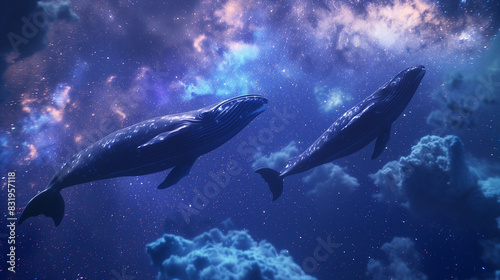 there are two whales swimming in the ocean under a starr sky