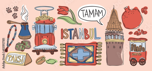 Colorful illustration of Istanbul landmarks, Turkish coffee, tram, Galata Tower, and street food.