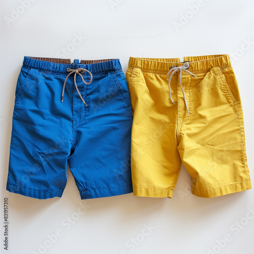 two pairs of shorts are lined up on a white surface