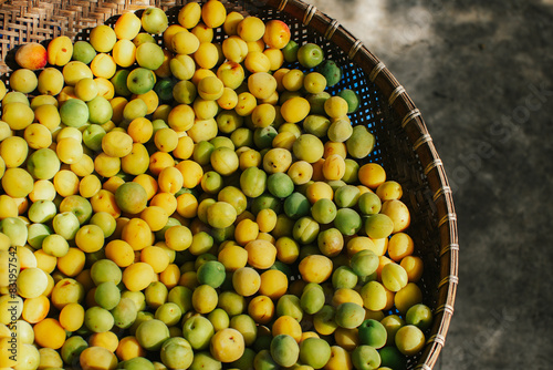 Top view of fresh organic plums (Japanese apricot). Fresh plums (Japanese apricot) background. 